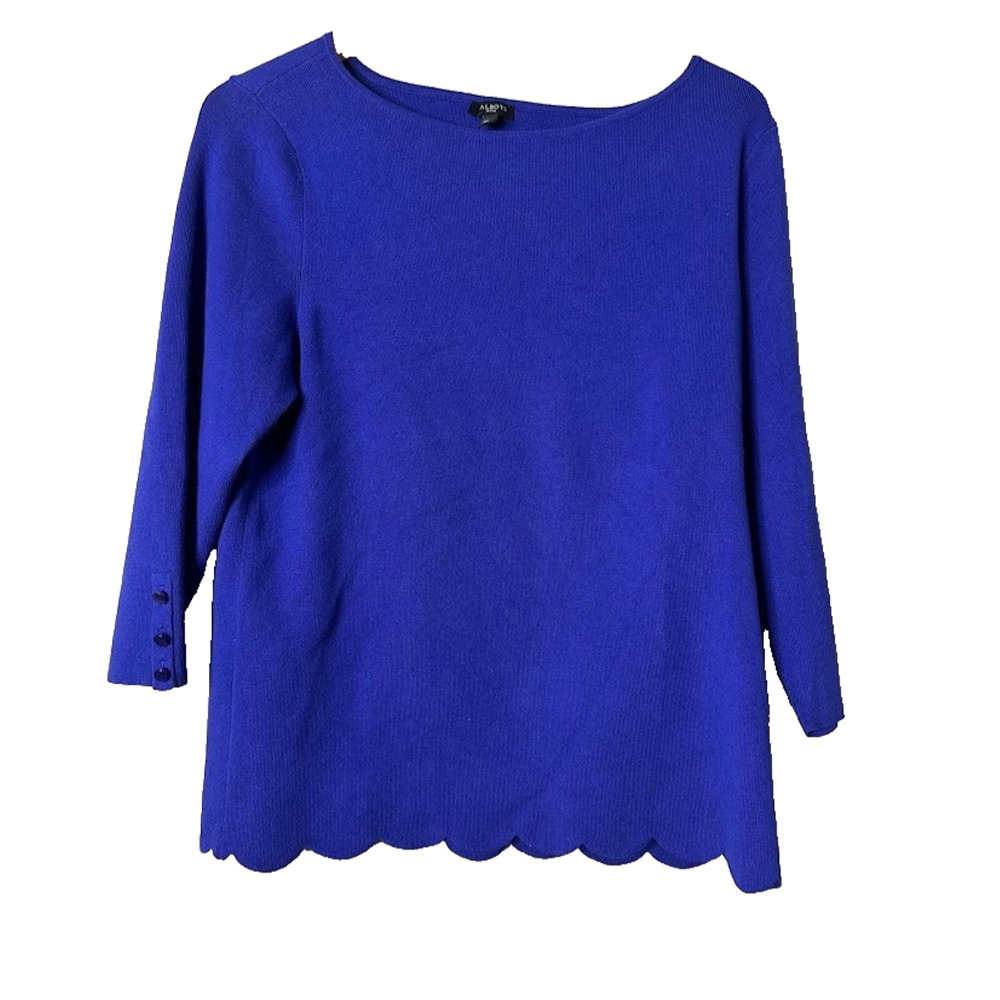 Talbots Petite XL Womens Indigo Blue Sweater 3/4 Sleeve Scalloped Hem Pullover